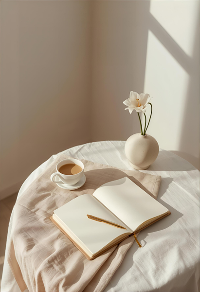 Soft sunlight on a marble table with coffee, journal, and a single white flower — calm minimalist luxury scene