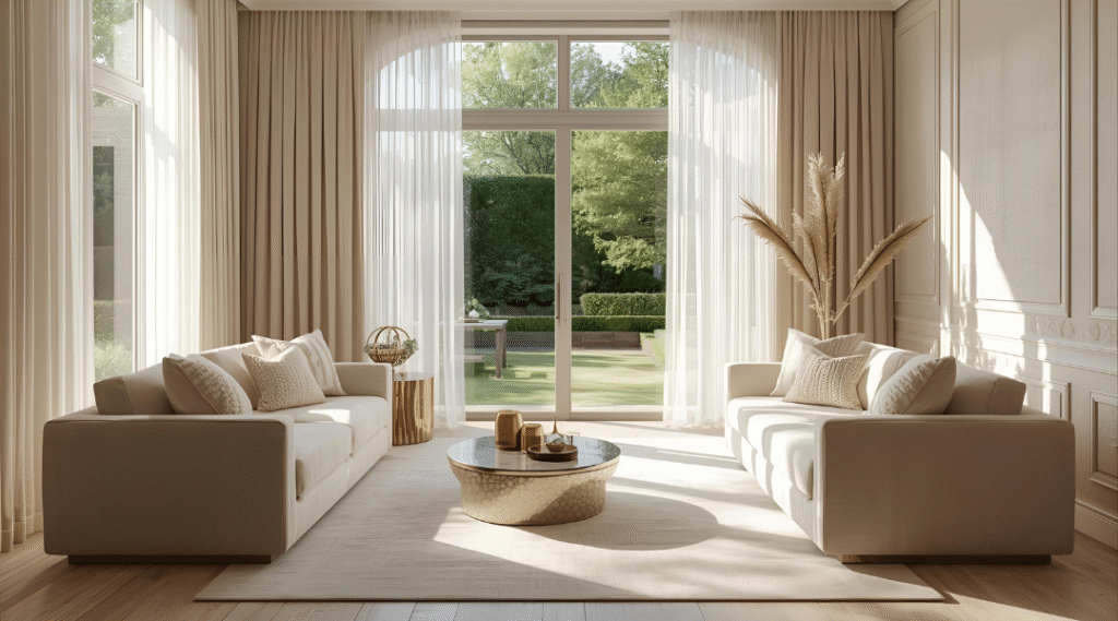 Elegant sunlit living room with soft neutral furniture, large windows, sheer curtains, and minimalist wall art — hero image for Beyond Noor luxury lifestyle blog.
