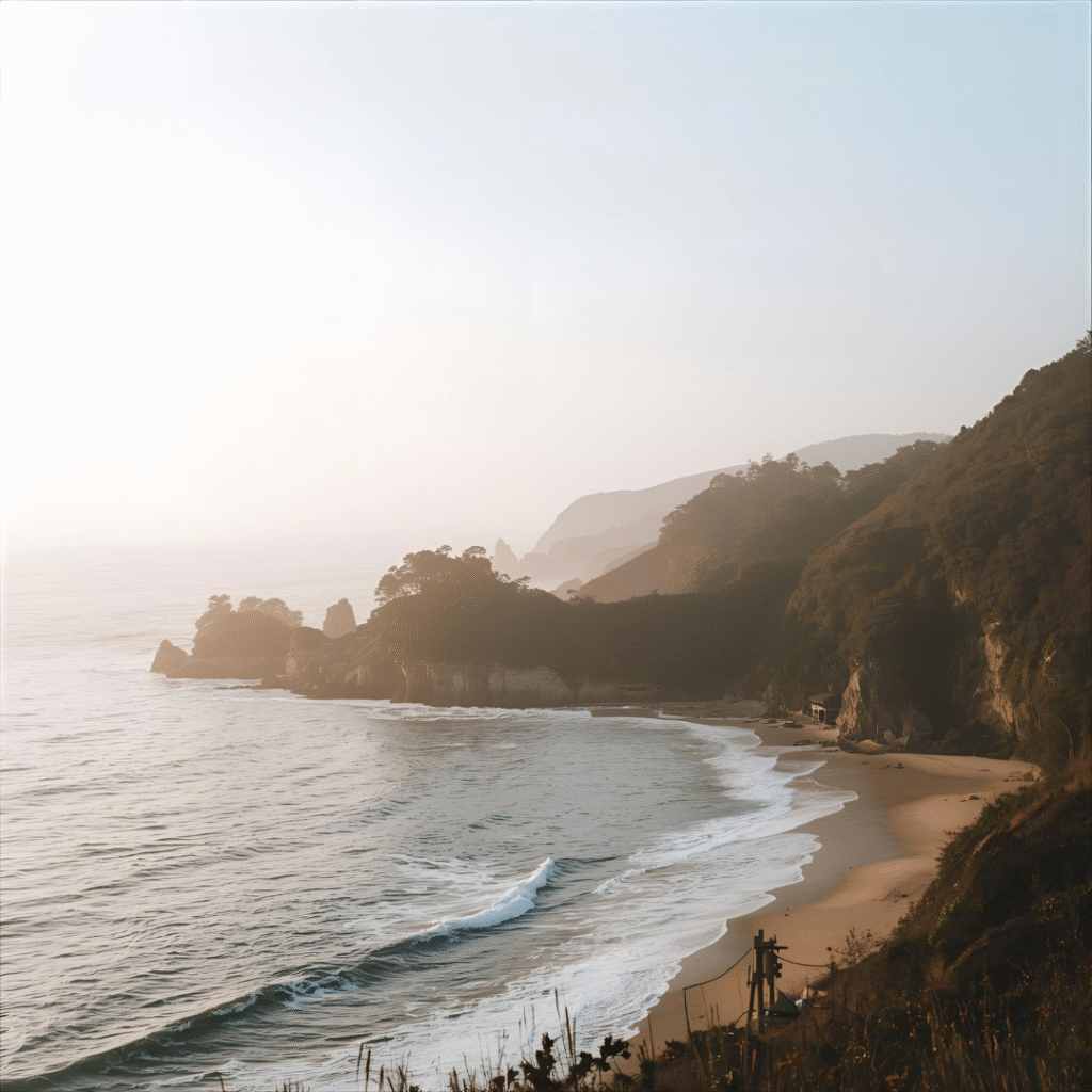 Softly lit travel moment with a serene coastal view, linen tote, and warm sunlight — mindful travel and slow exploration.