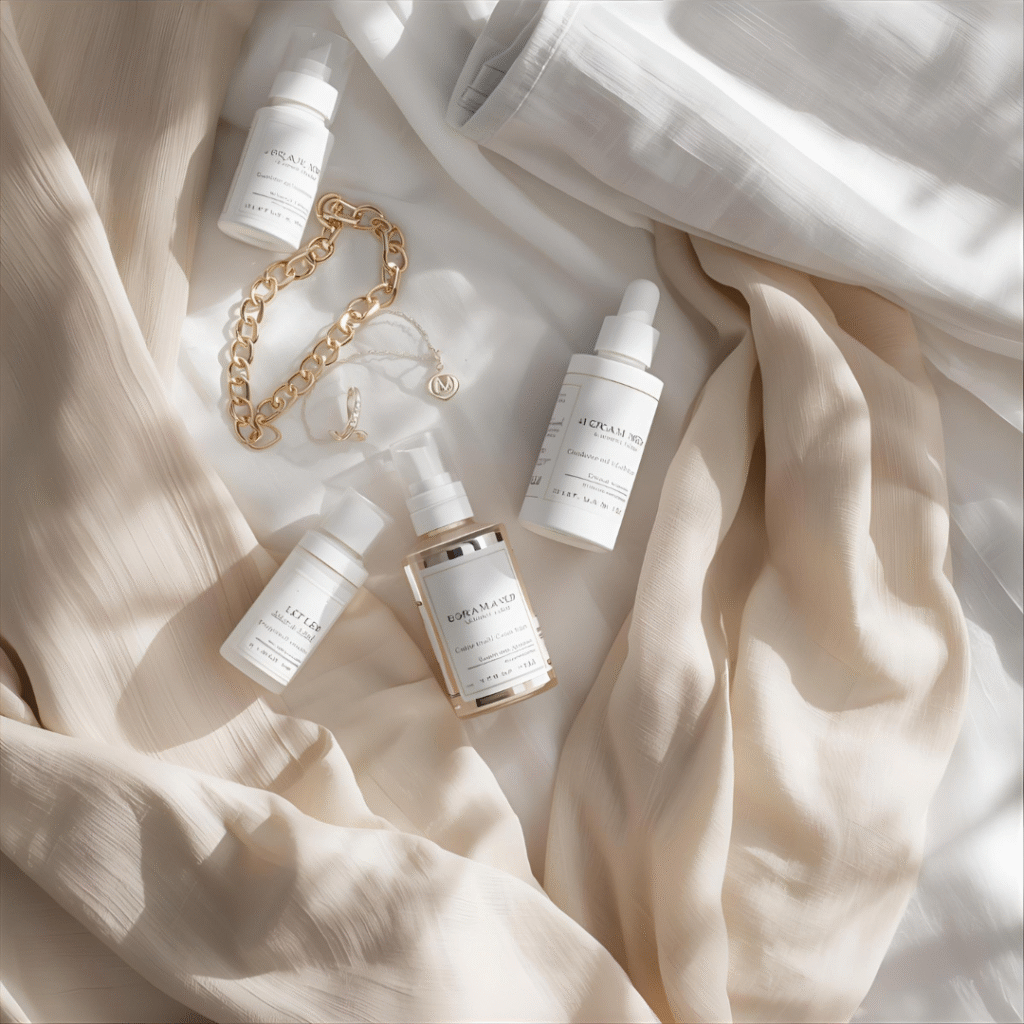 Soft morning vanity scene with skincare bottles, silk robe, and glowing natural light — effortless beauty and self-care.