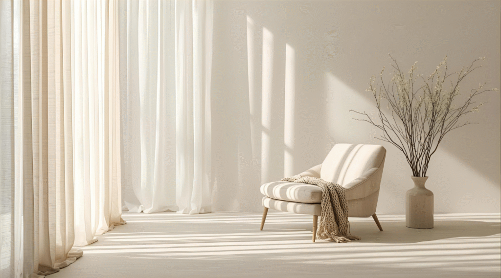 Calm minimalist living room bathed in natural light with neutral tones and soft textures — hero image for Join Beyond Noor page.