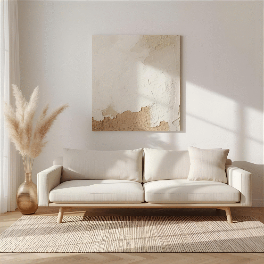 Sunlit neutral living room with beige linen sofa, pampas grass, and minimal wall art — serene interior design inspiration.