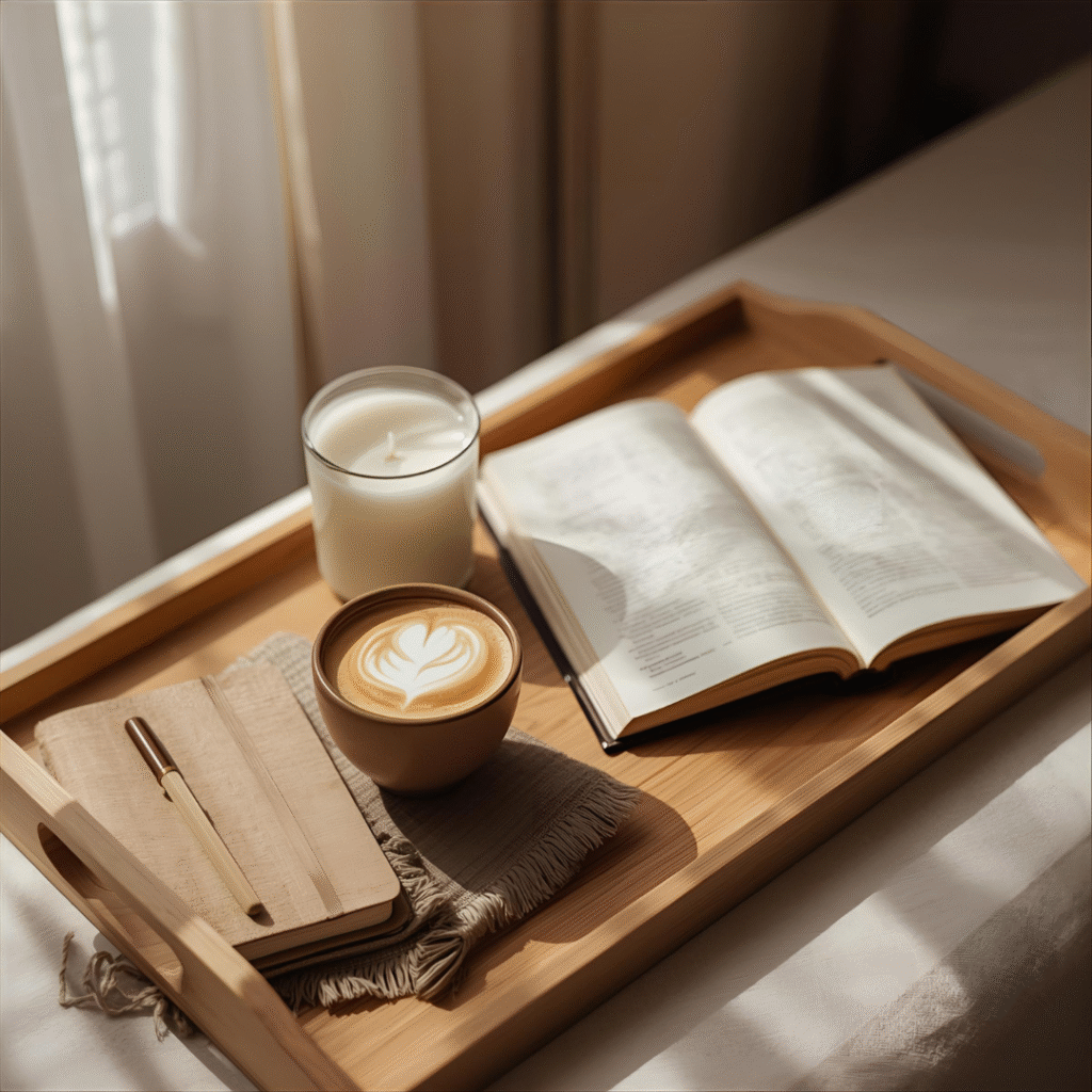 Peaceful morning setup with journal, cappuccino cup, linen bedding, and gentle sunlight — mindful living and slow mornings.