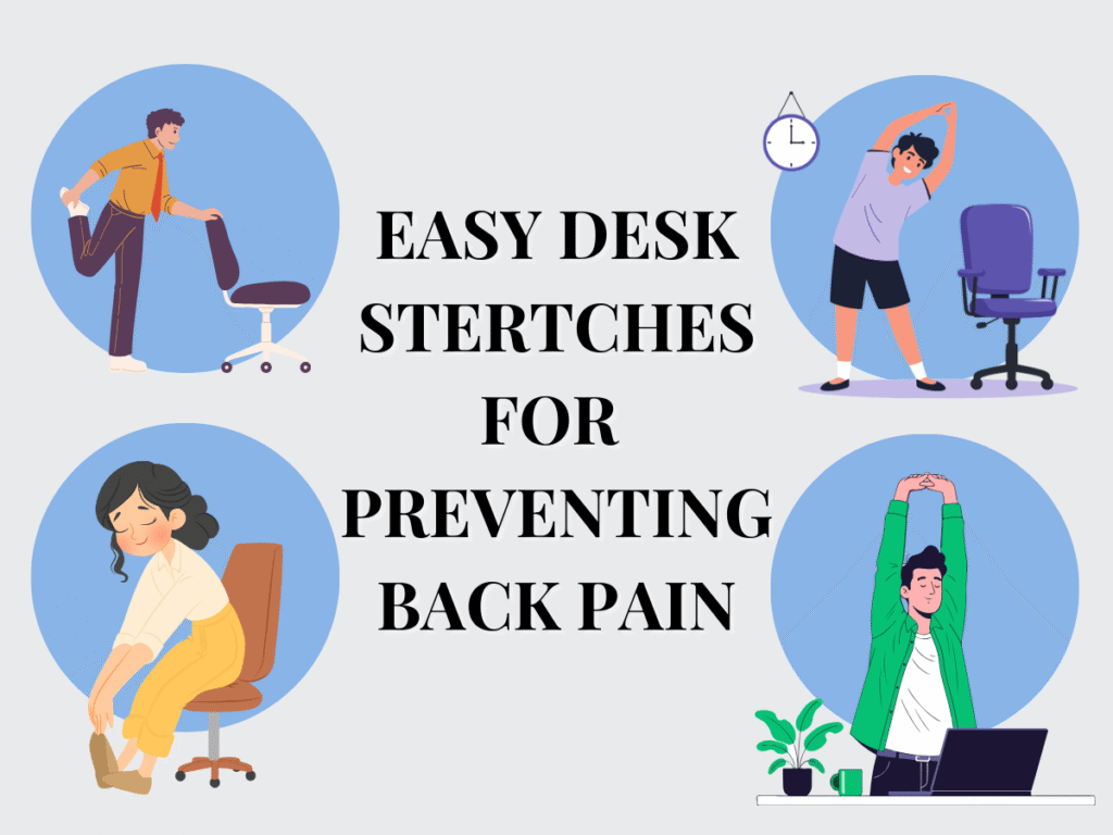 illustrations of People performing different stretches at their desk to relieve back and shoulder tension.