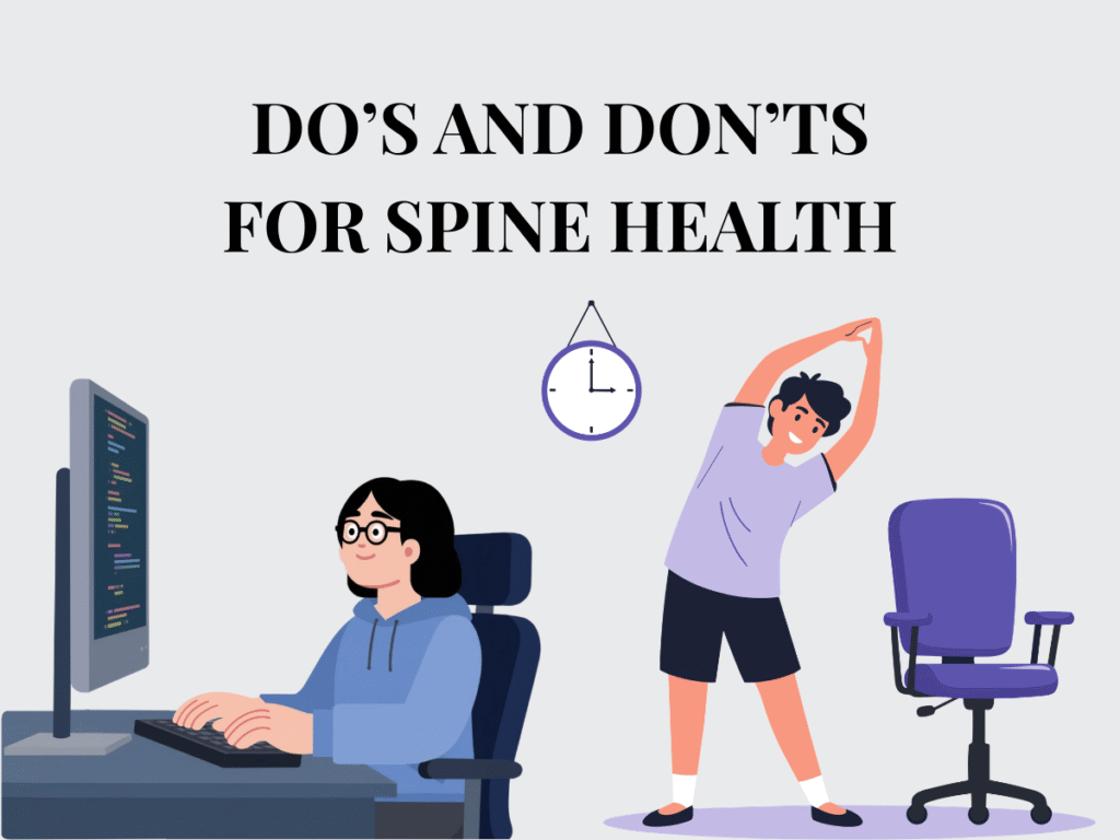 A person stretching happily at their desk, arms raised in victory, representing the 'Do's' for spine health.