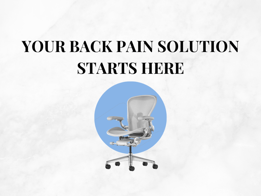 Graphic text reading "Your Back Pain Solution Starts Here" with a simple icon of a supportive chair.