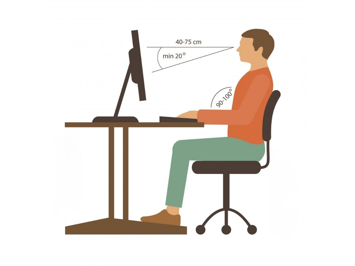 A person (from the side) demonstrating the 90-90-90 posture: feet flat, knees at 90°, back supported, elbows at 90°, screen at eye level