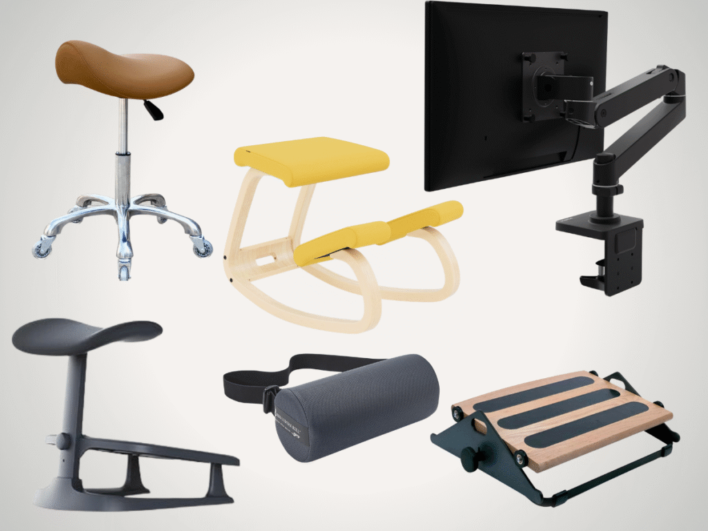 Collage of essential ergonomic accessories: adjustable footrest, monitor arm, lumbar roll, and sit-stand desk converter, saddle chair and kneeling chair