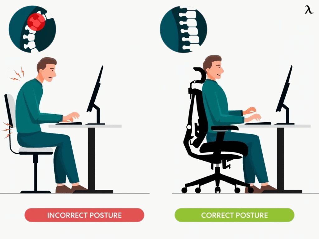 Side-by-side comparison of poor slouching posture versus correct ergonomic posture at a desk.