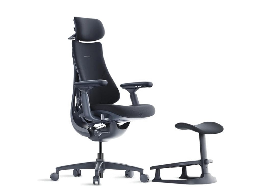 Libernova Dynamic ergonomic mesh chair shown at an angle, highlighting its full back support and footrest