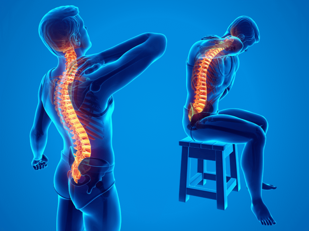 Medical diagram illustrating how poor posture increases disc pressure and strains muscles in the lower back.