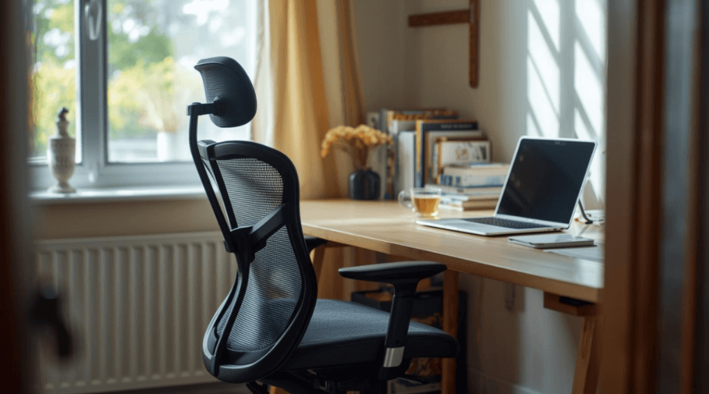 serene workspace showing a home office a window and an ergonomic chairat a office sit stand table desk