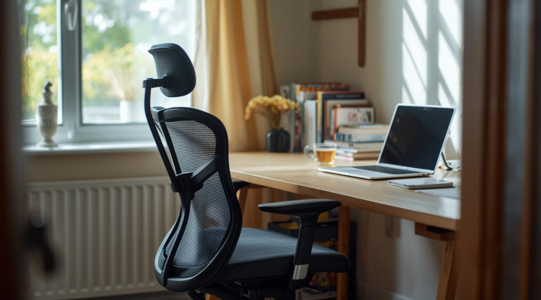 A serene and organized workspace with an ergonomic chair, promoting focus and back pain relief in a comfortable home environment.