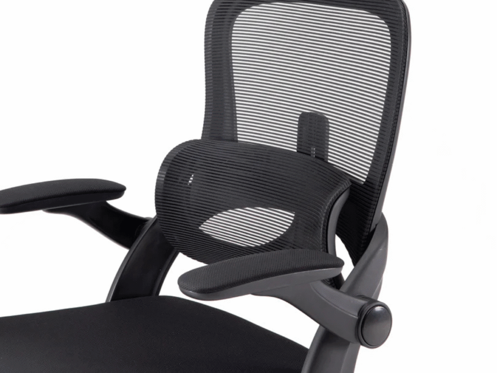 Close-up showing the adjustable headrest and 2D armrests of the SIHOO M102C chair.